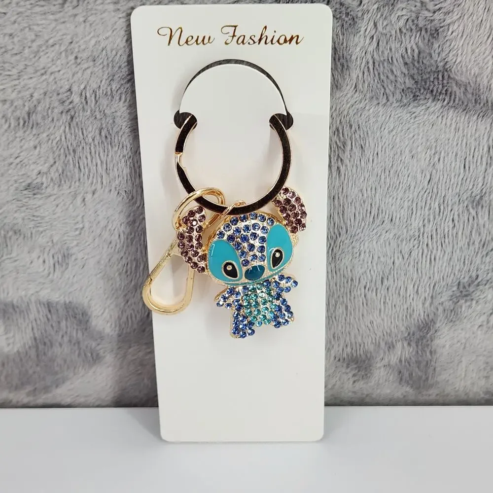Stitch blue rhinestone bling, enamel keychain, bag charm backpack accessory gold